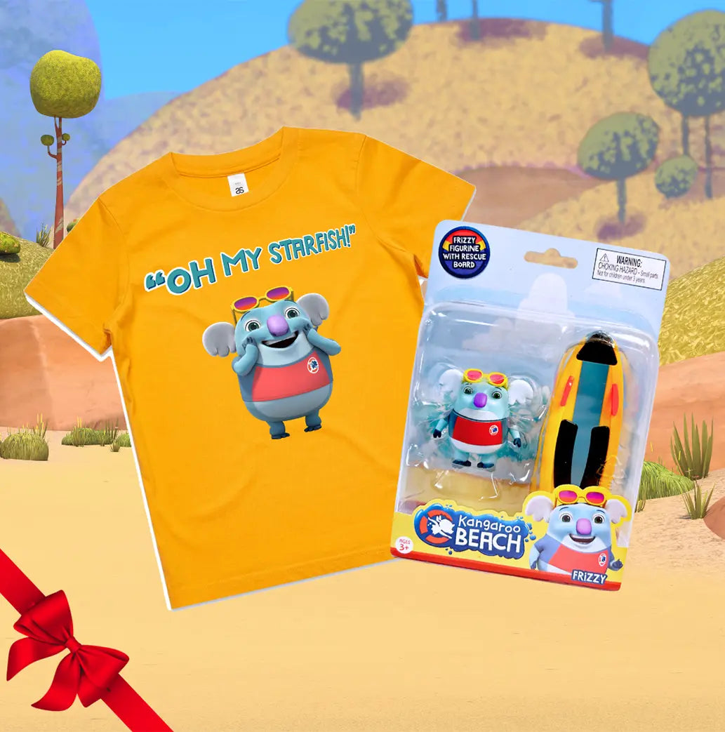 Kangaroo Beach Frizzy Tee and figurine gift pack