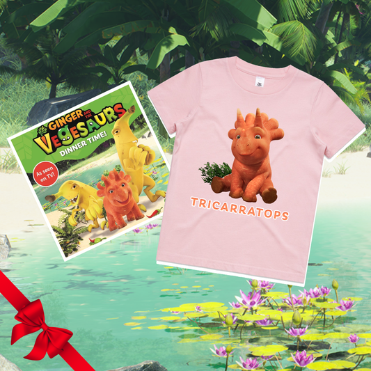 Vegesaurs Ginger Tricarratops Tee and Book Gift Pack - Dinner Time