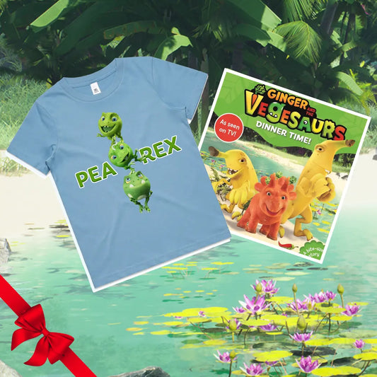 Ginger and the Vegesausers Pea Rex T-Shirt and Dinner Time  Book GiftPack