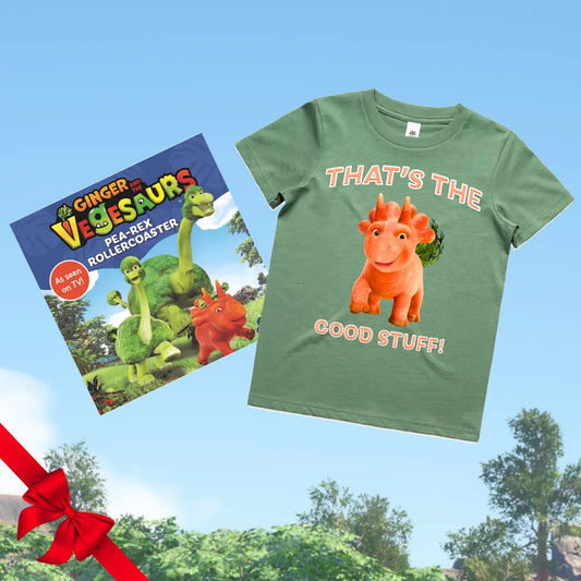 Vegesaurs Ginger Good Stuff Tee & Book Gift Pack - Rollercoaster
