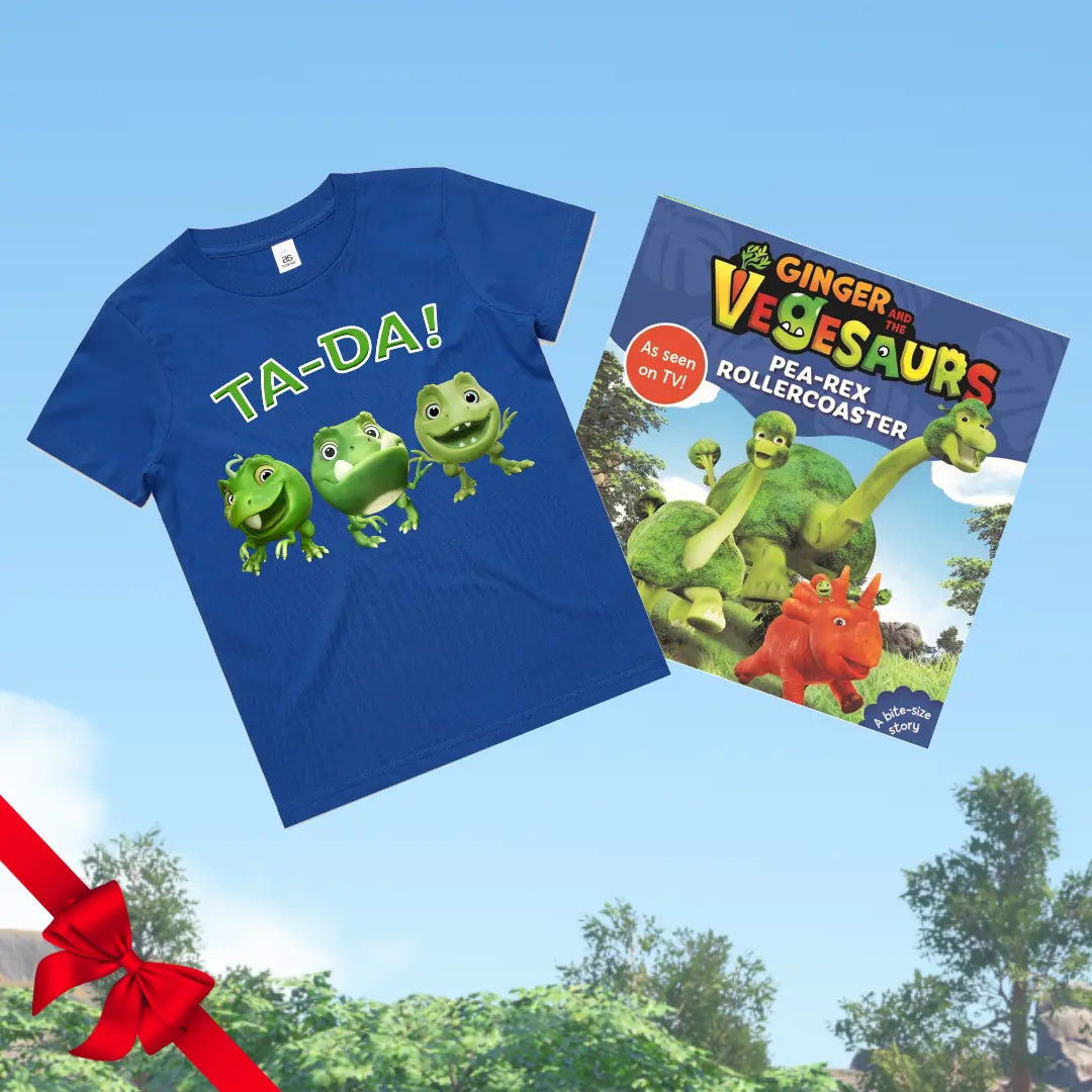 Vegesaurs Pea-Rex Ta-Da Tee and Book Gift Pack - Rollercoaster